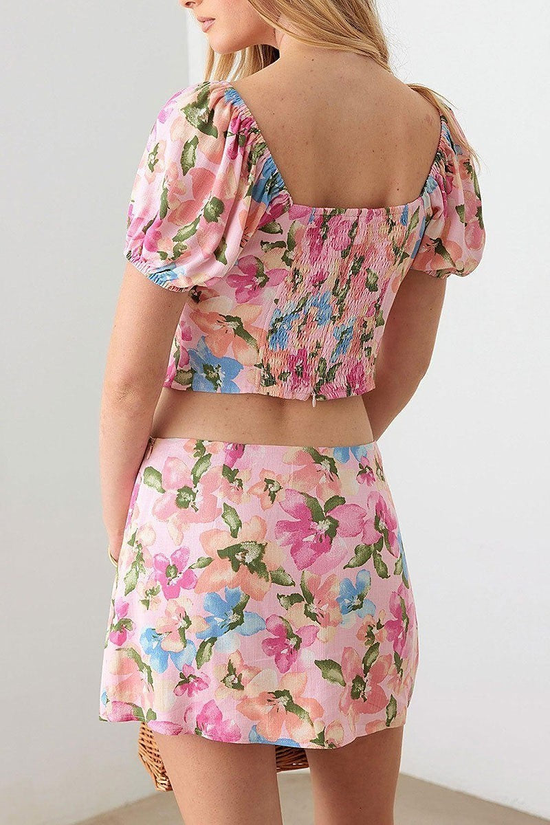 Floral bustier puff sleeve crop top and skirt set (TED2811)