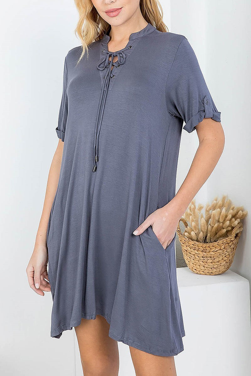 Lace up v neck detail roll up sleeve tunic dress (DED7698)