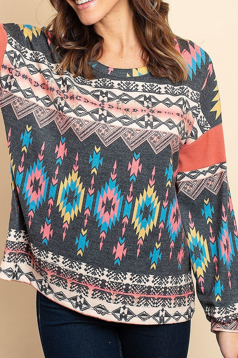 Color block aztec tribal print top (ED8018)