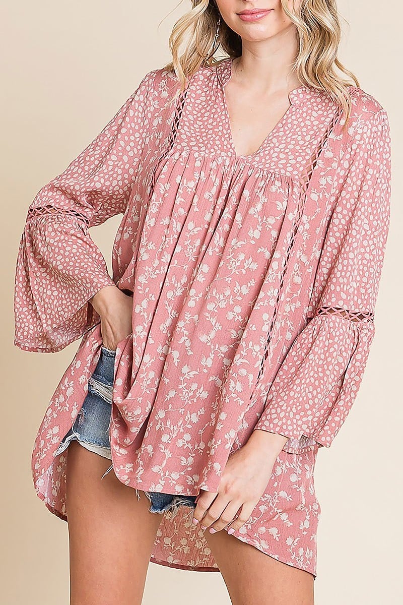 Print blocked v-neck tunic w/ 3/4 sleeves (EDH1931)