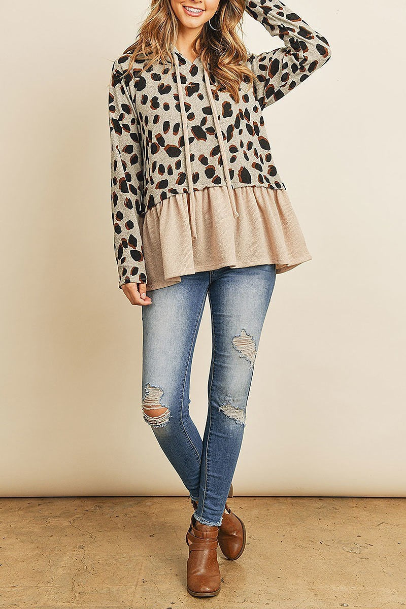 Leopard solid cinch ruffle hem hoodie with self tie (ED8321)