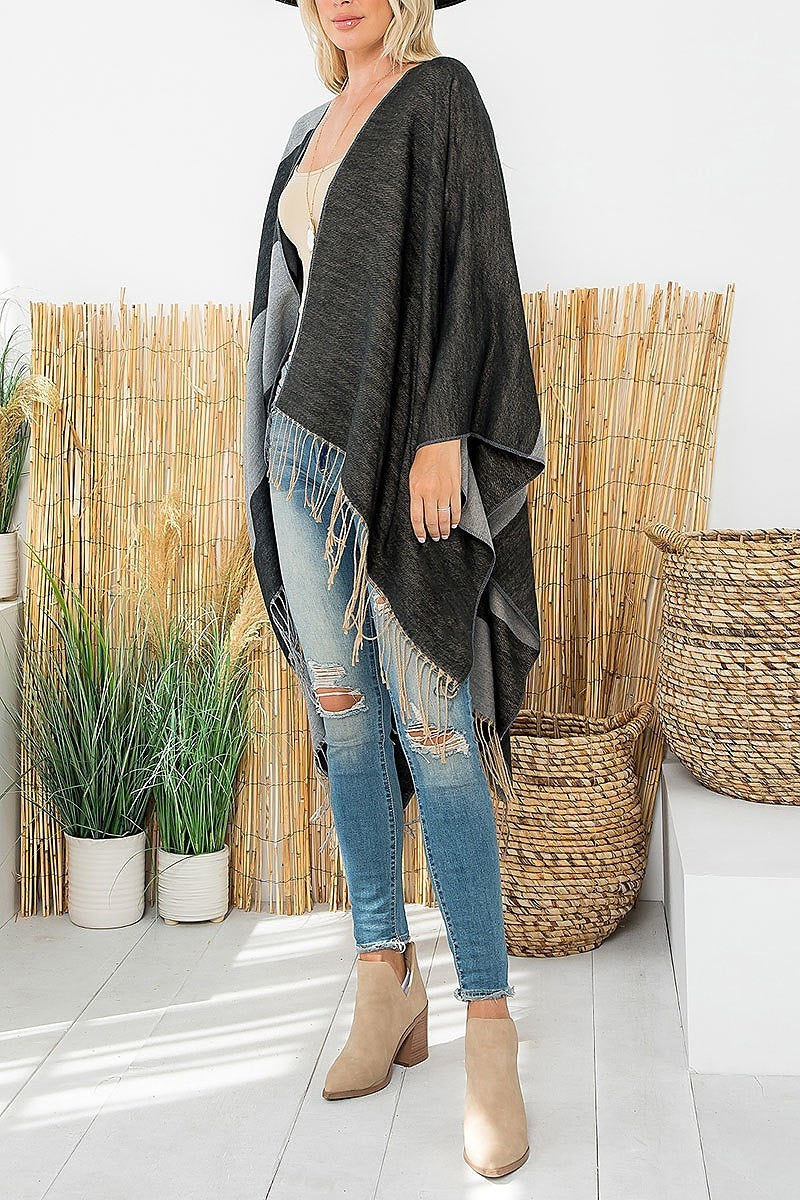 Stripes print fringe open front kimono (DGS6185)