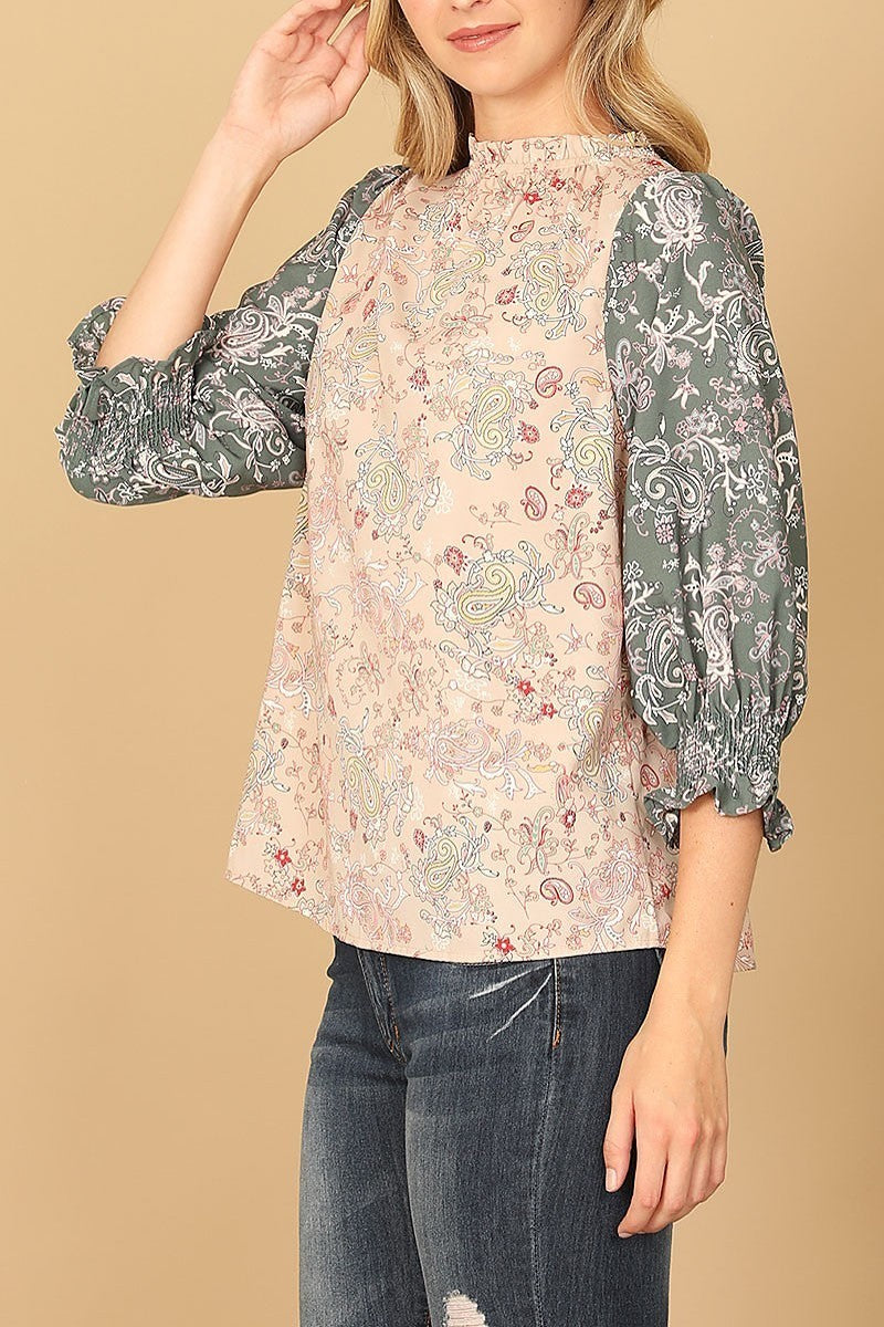 Paisley smocked half sleeve contrast top (EF7863)