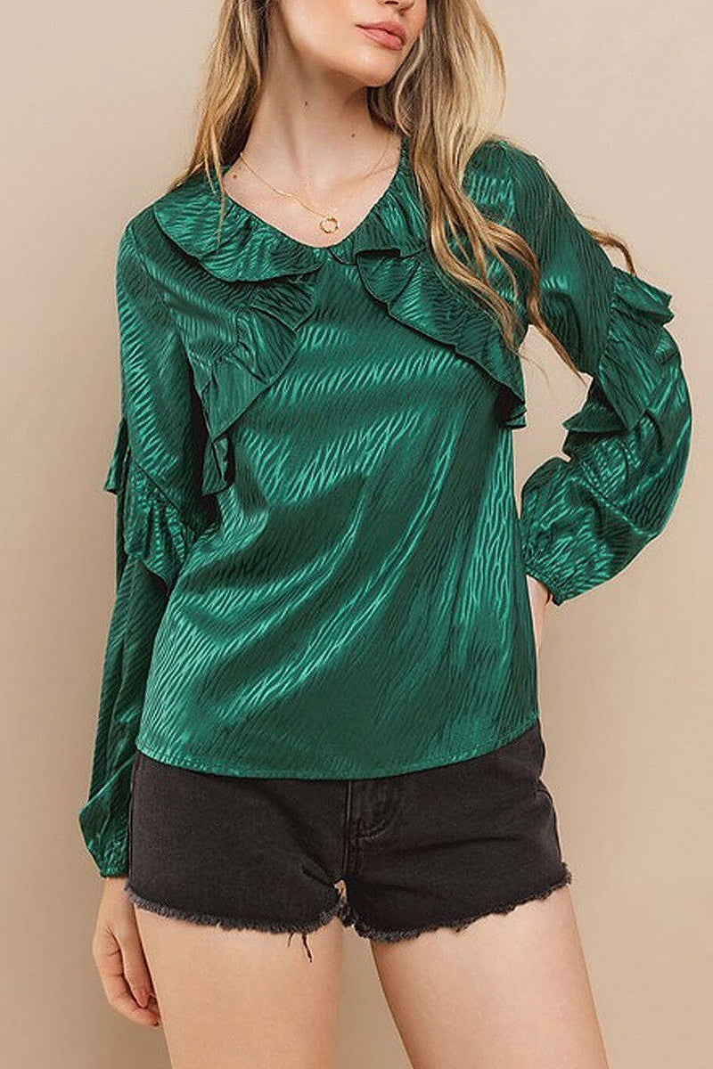 Long ruffle sleeve v-neck blouse top (EFWT8749)