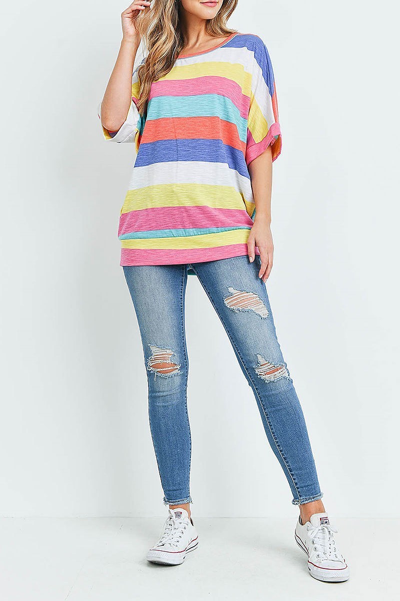 Round neck multi stripe loose fit top (ED9271)