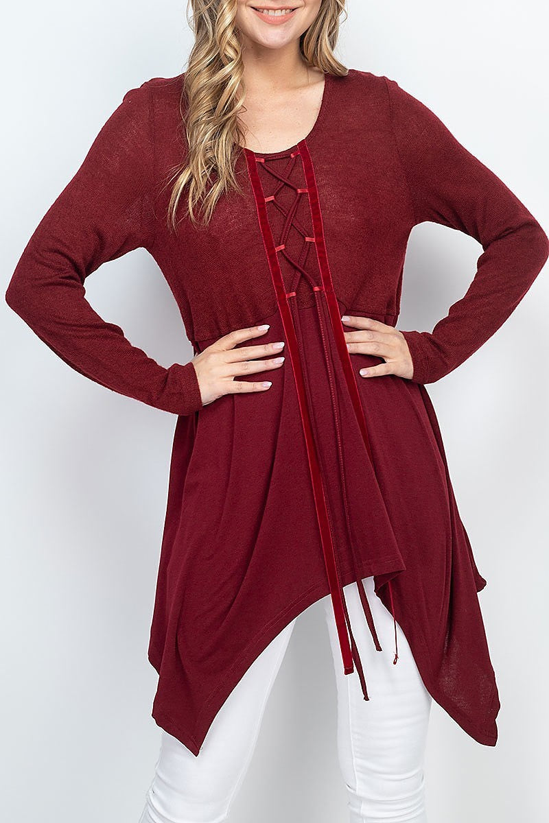 Velvet tape lace up center detail asymmetrical hem tunic top (EF1313)