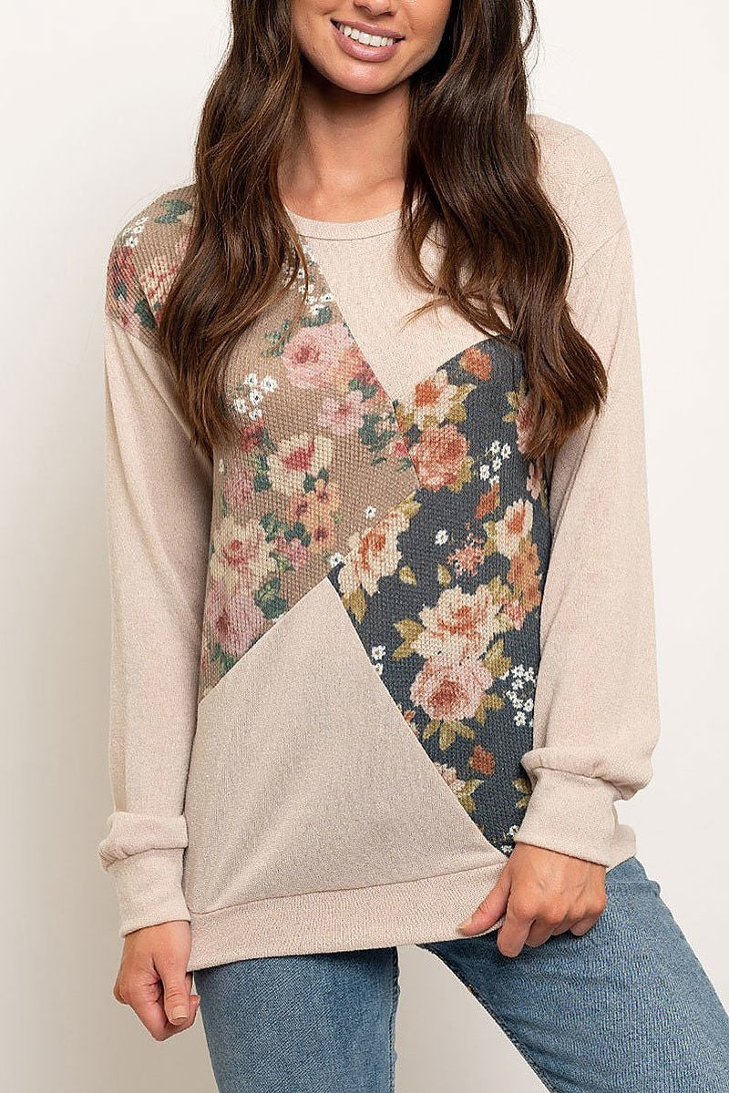 Floral print bubble sleeve color block top (EDWT2759)