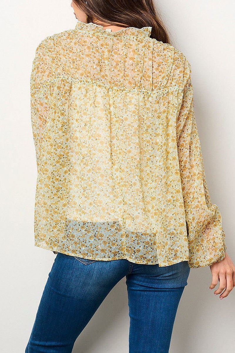 Long sleeve v-neck ruffle floral blouse top (EFWT8848)