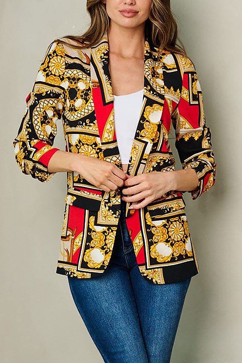 Quarter sleeve open front multi print blazer (EFWT2830)