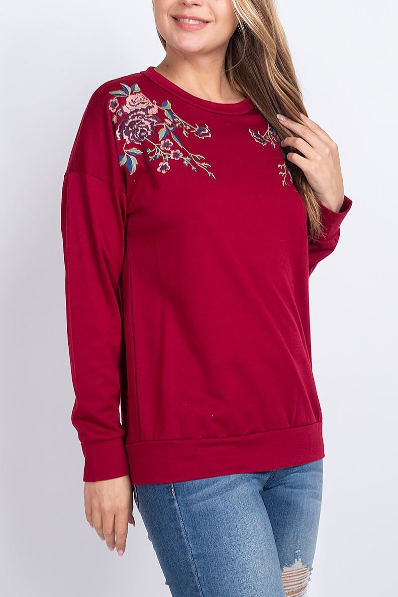 Floral embroidered detail round neck top (EF1893)