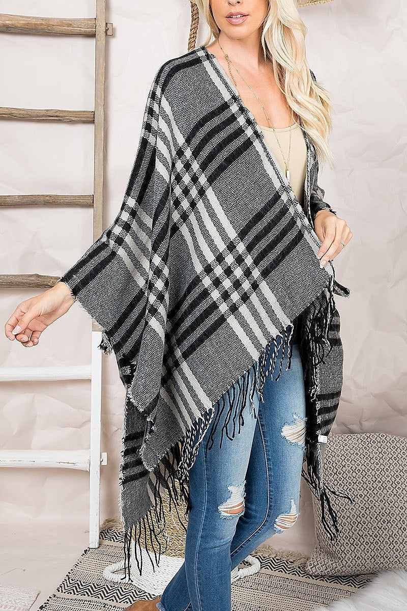 Plaid open front fringe ruana kimono (DGS5554)