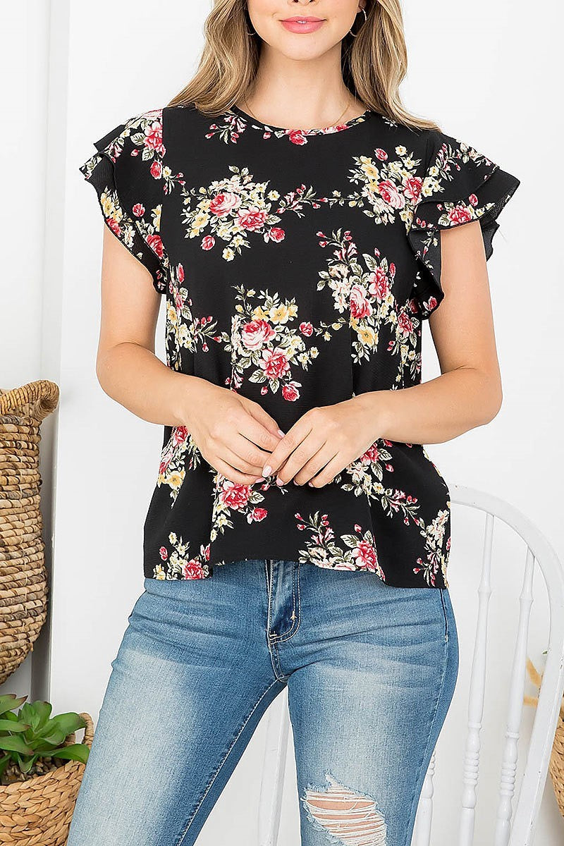 Floral ruffle sleeve round neck blouse (EF4375)