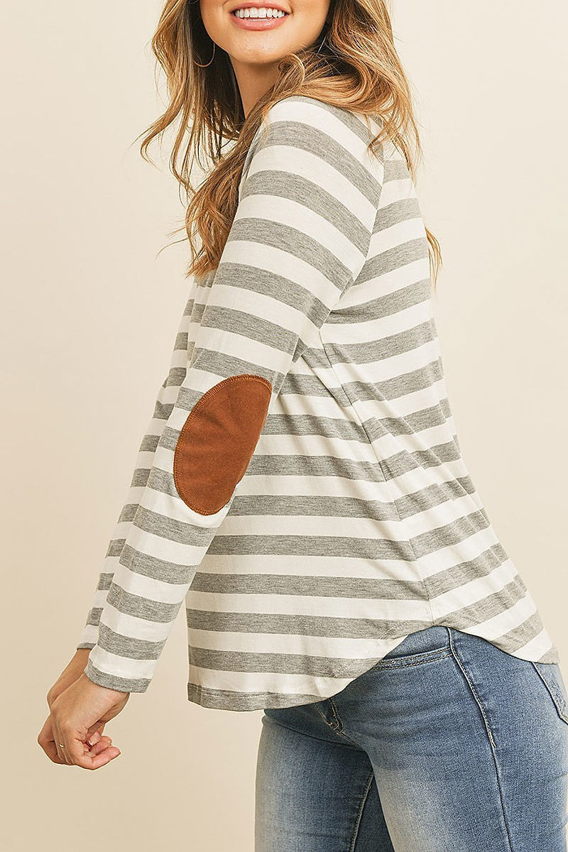 Striped long sleeve elbow patched top (ED8521)