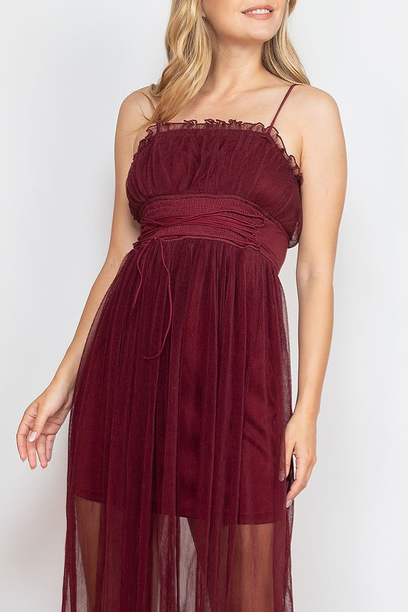 Lace up smoked waist ruched sheer maxi dress (DED6743)