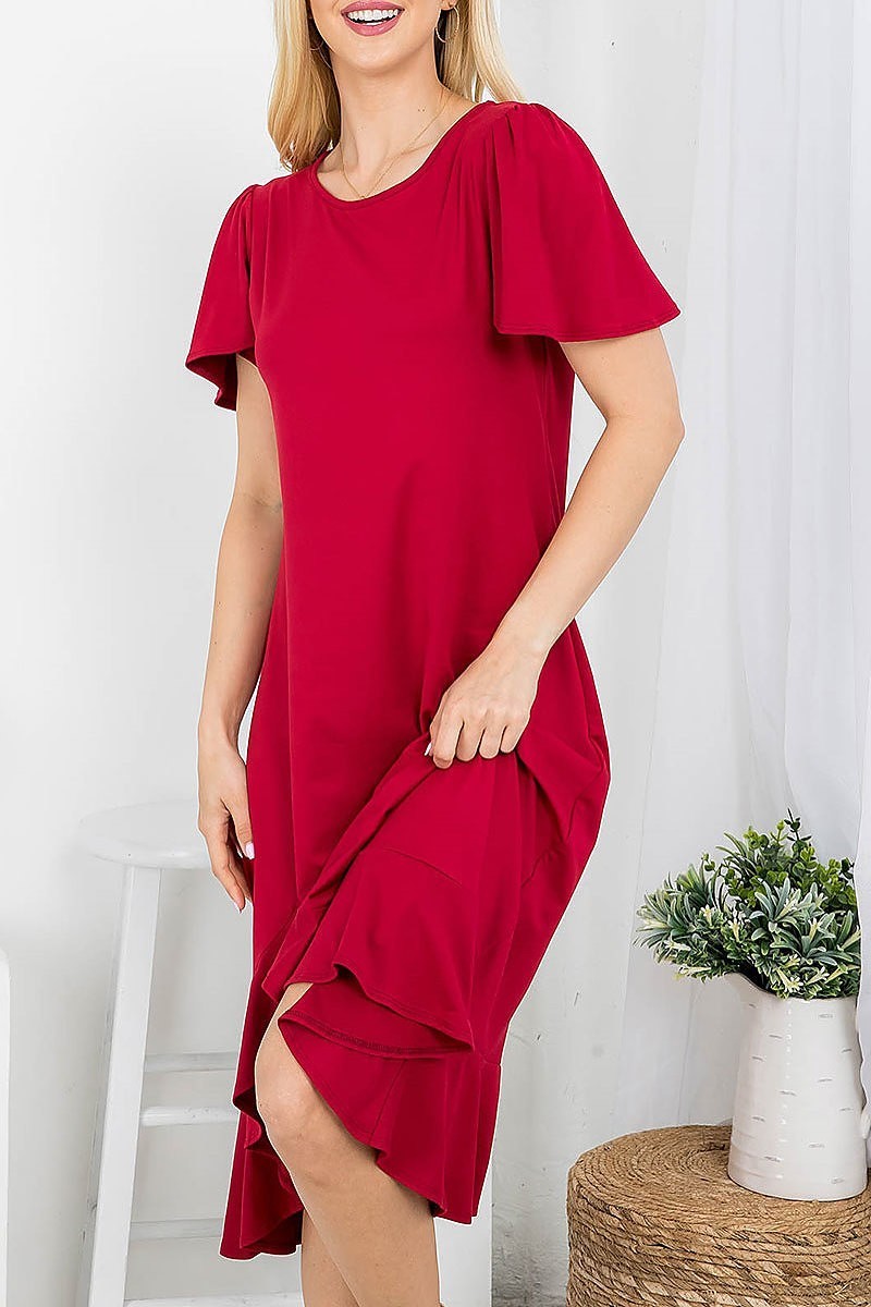 Flutter sleeve ruffle hem asymmetrical hem midi dress (DED7828)