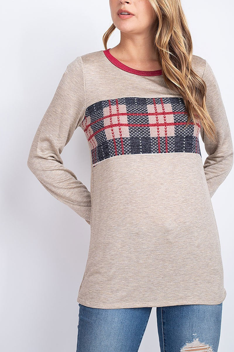 Plaid contrast color block round neck top (EF1930)