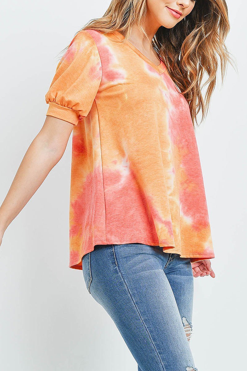 Puff sleeves v neck tie dye top (ED9163)