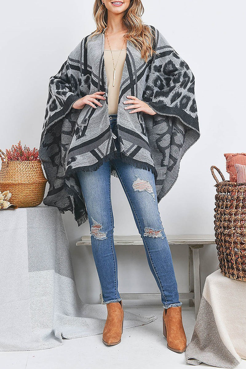 Open front leopard line pattern fringe ruana wrap kimono (DGS5517)