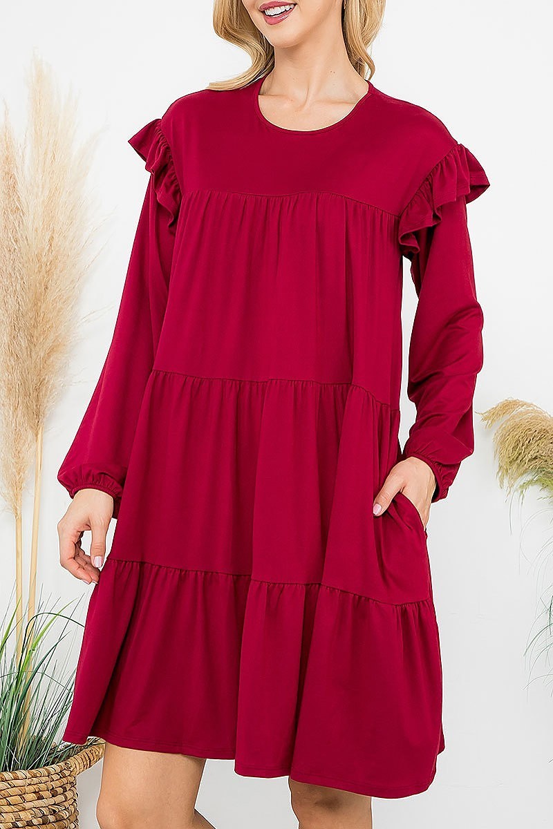 Long sleeve ruffle detail solid dress (DED8851-2)