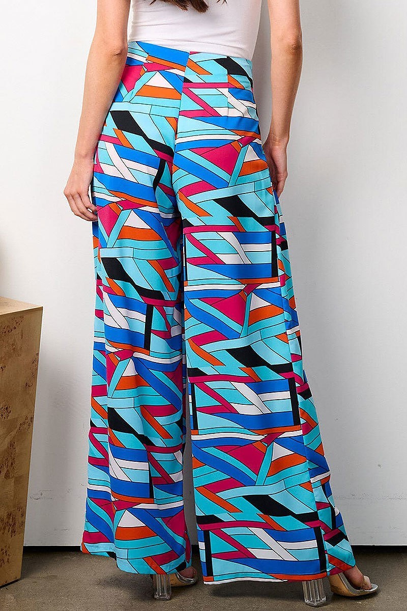 Zip up multi print wide leg palazzo pants (EFWT7765)