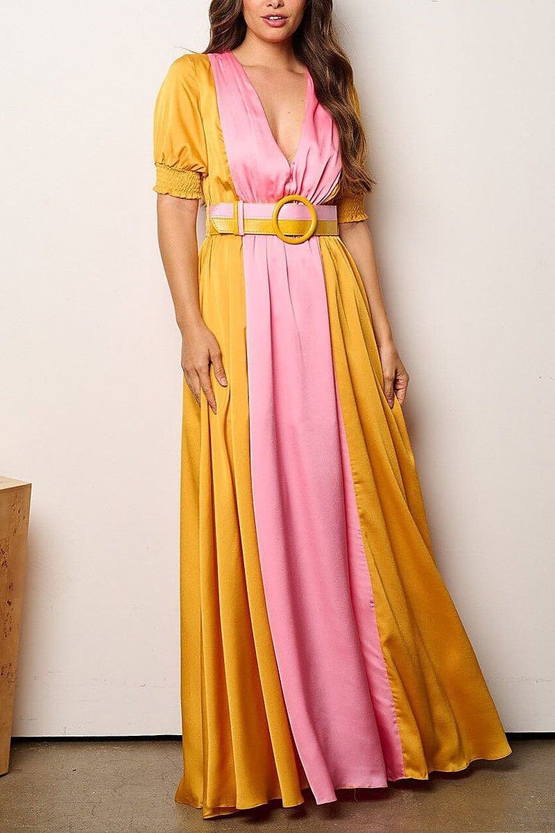 Puff sleeve v-neck colorblock belted maxi dress (EFWT8112)