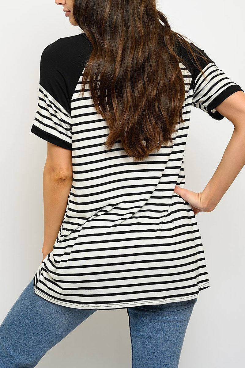 Short sleeve v neck stripes top (EDWT4206)