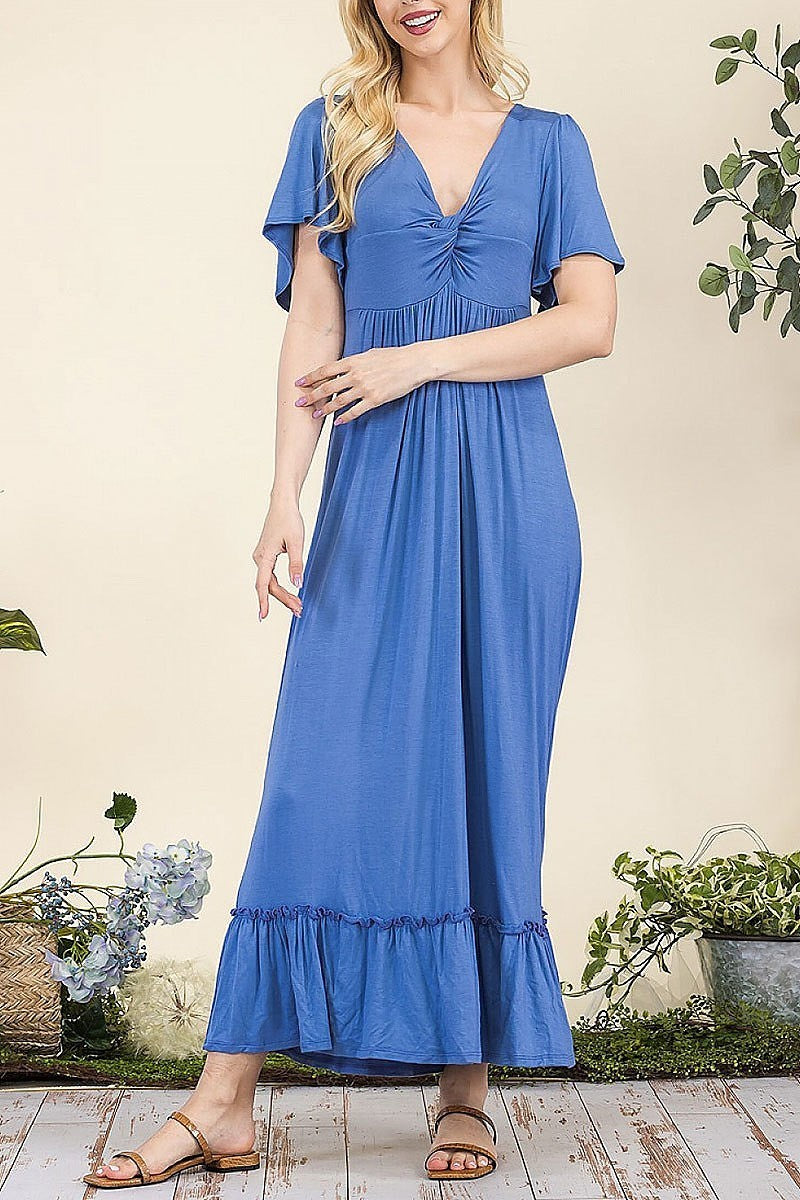 V-neck knotted short sleeve midi dress (DED8399)