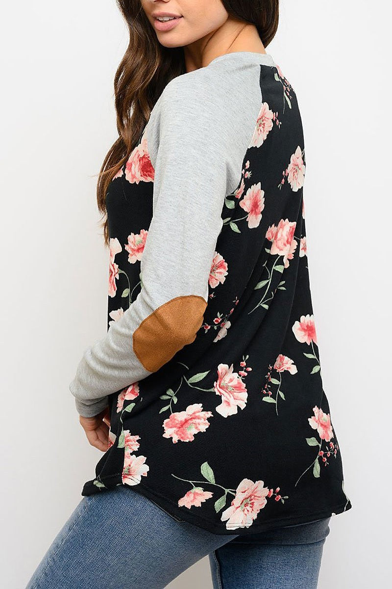 Floral elbow patches long sleeve top (EDWT3333)