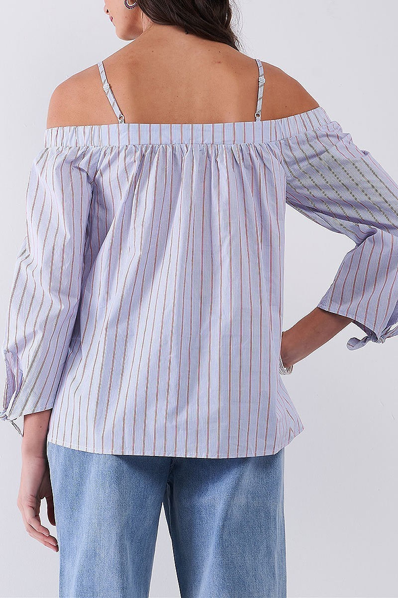 Lace up waist off shoulder stripe top (TDG8121)