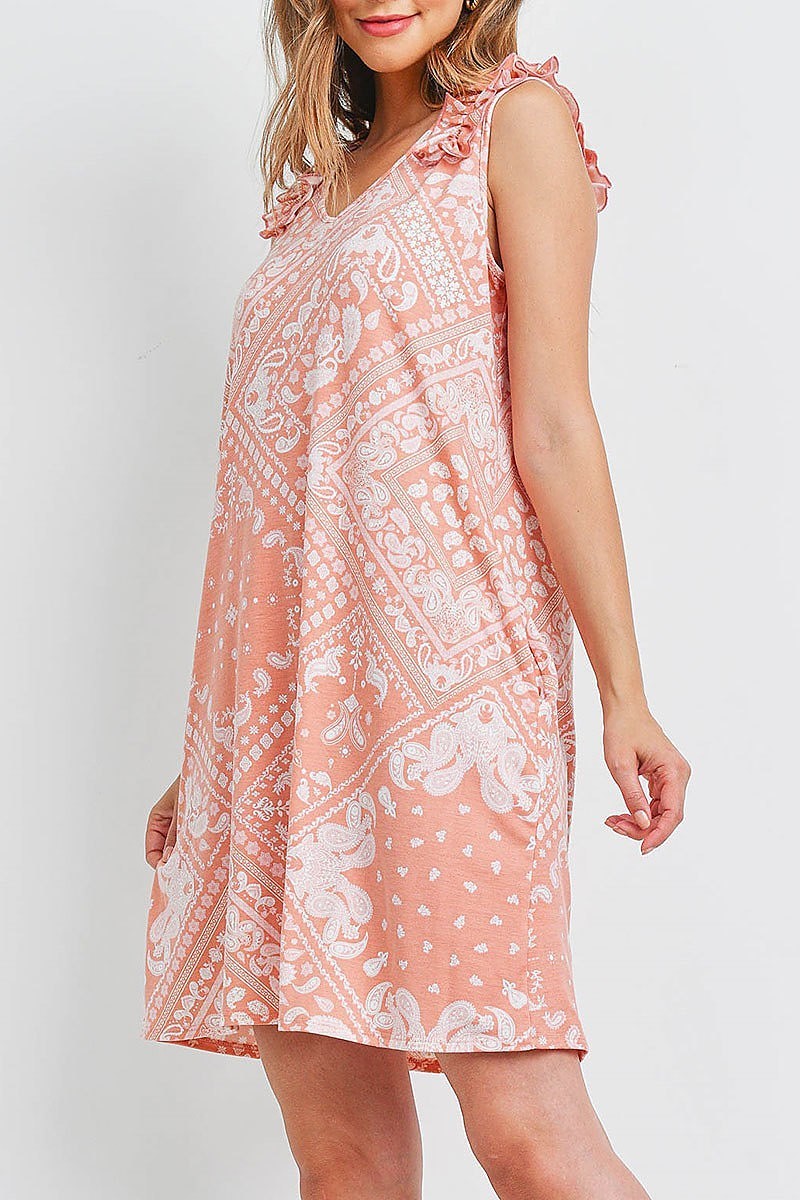 Sleeveless shoulder ruffle detail paisley pocket dress (DED6582)