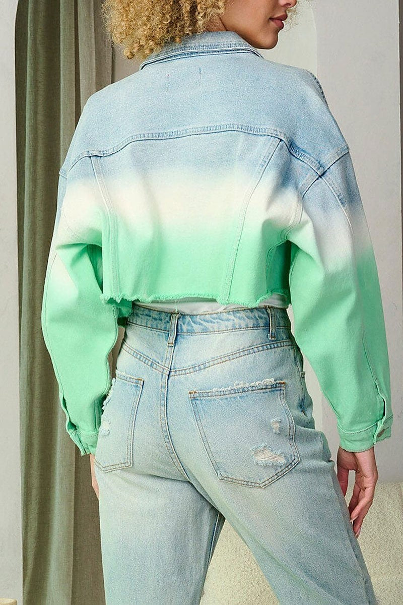 Button closure colorblock denim crop jacket (EFWT9296-1)