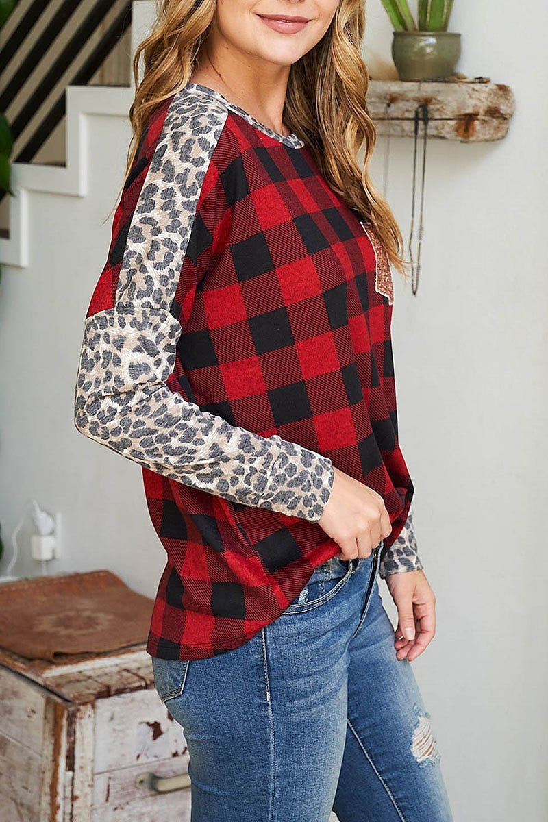 Leopard long sleeve plaid top with sequin pocket (EF2396)