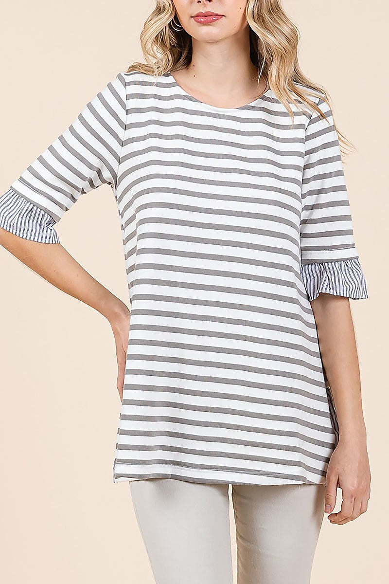 Cotton stripe lace up detail top (EDH2135)