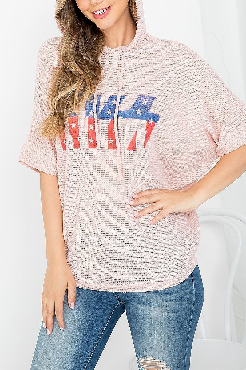 Kiss print with hoddie waffle fiber batwing top (EF3698)