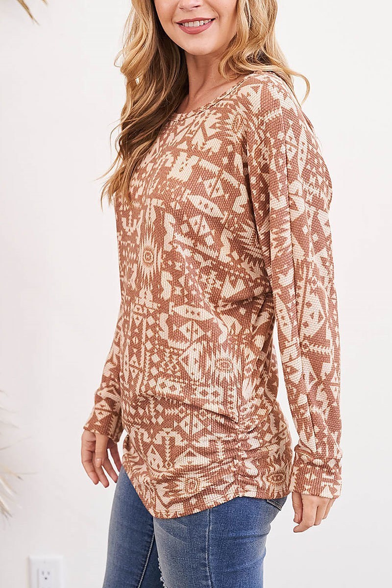 Scoop neck aztec print long sleeve top (EF2775)