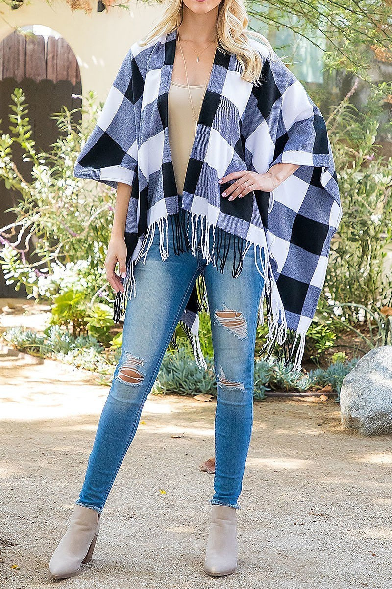 Plaid open front fringe kimono (DGS5878)