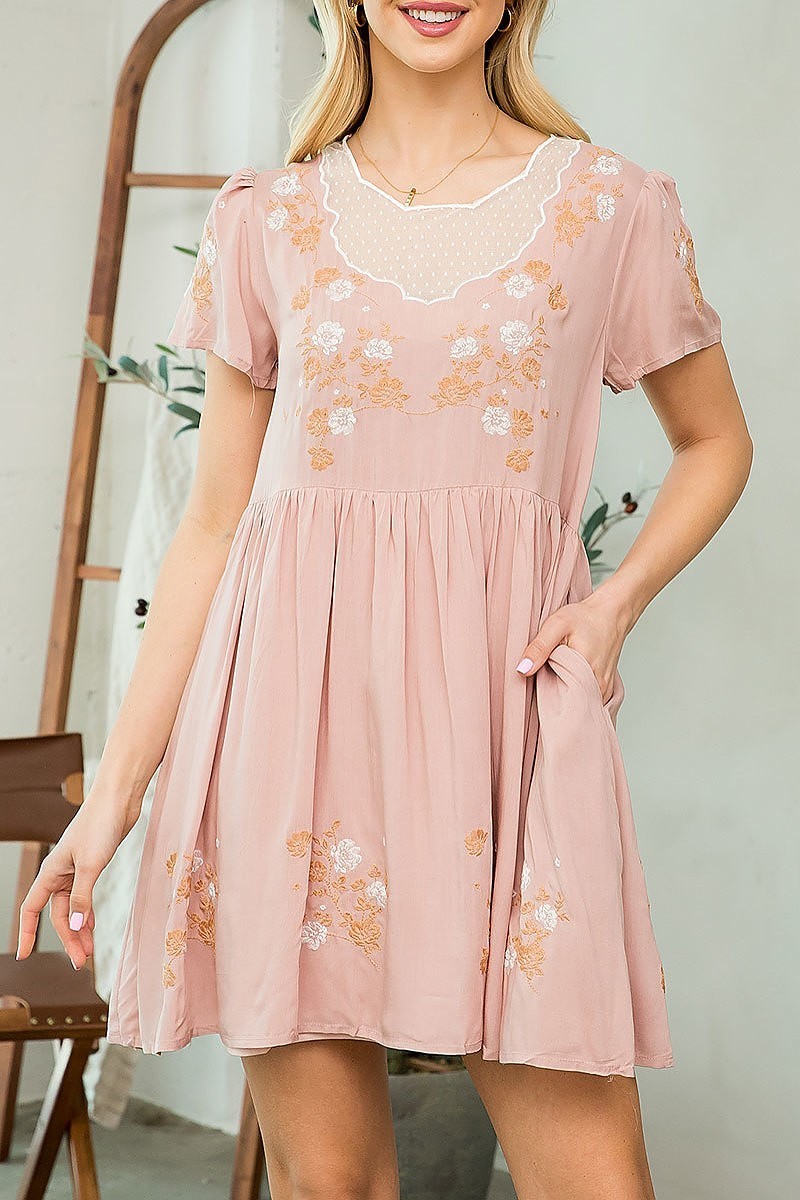 Floral embroidered ruched baby doll dress (DED7587)