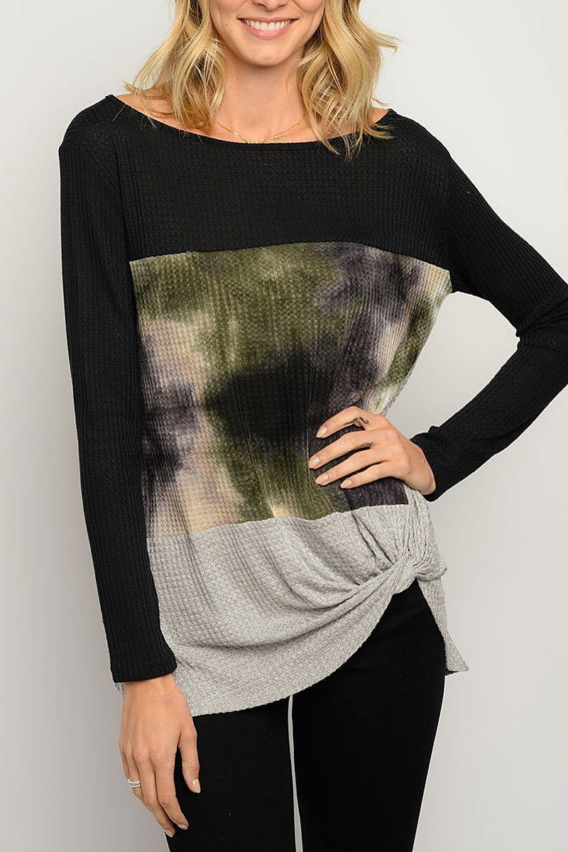 Tie dye color block long sleeve front tie top (EDWT3263)