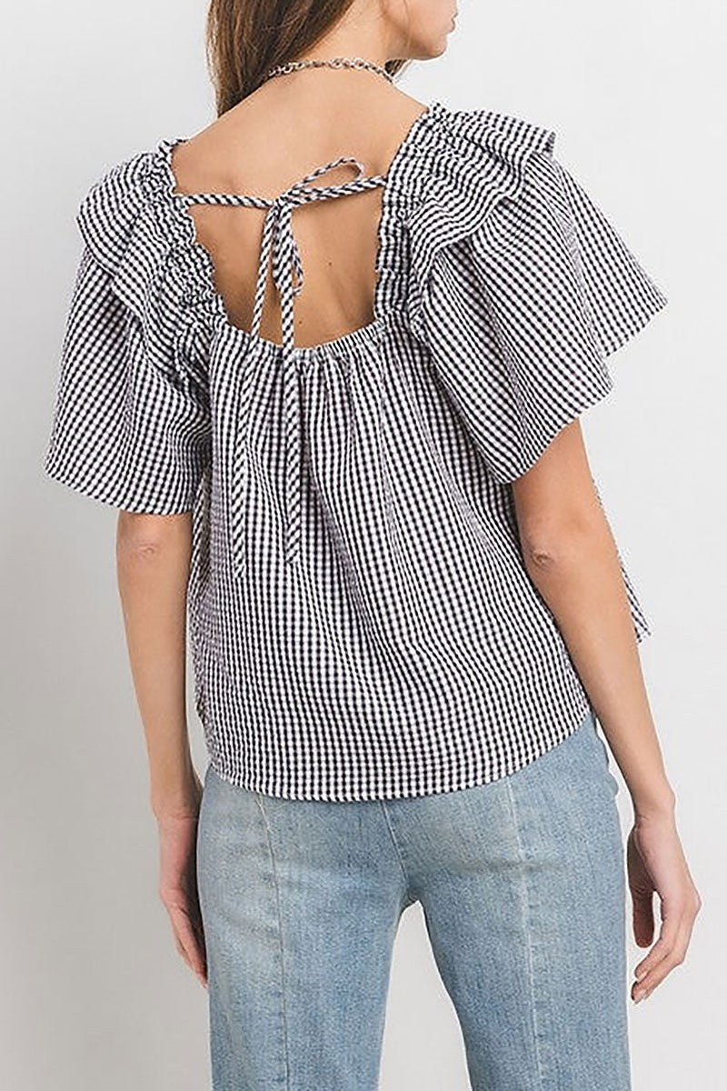 Gingham square neck ruffled blouse top (EDSW4494)