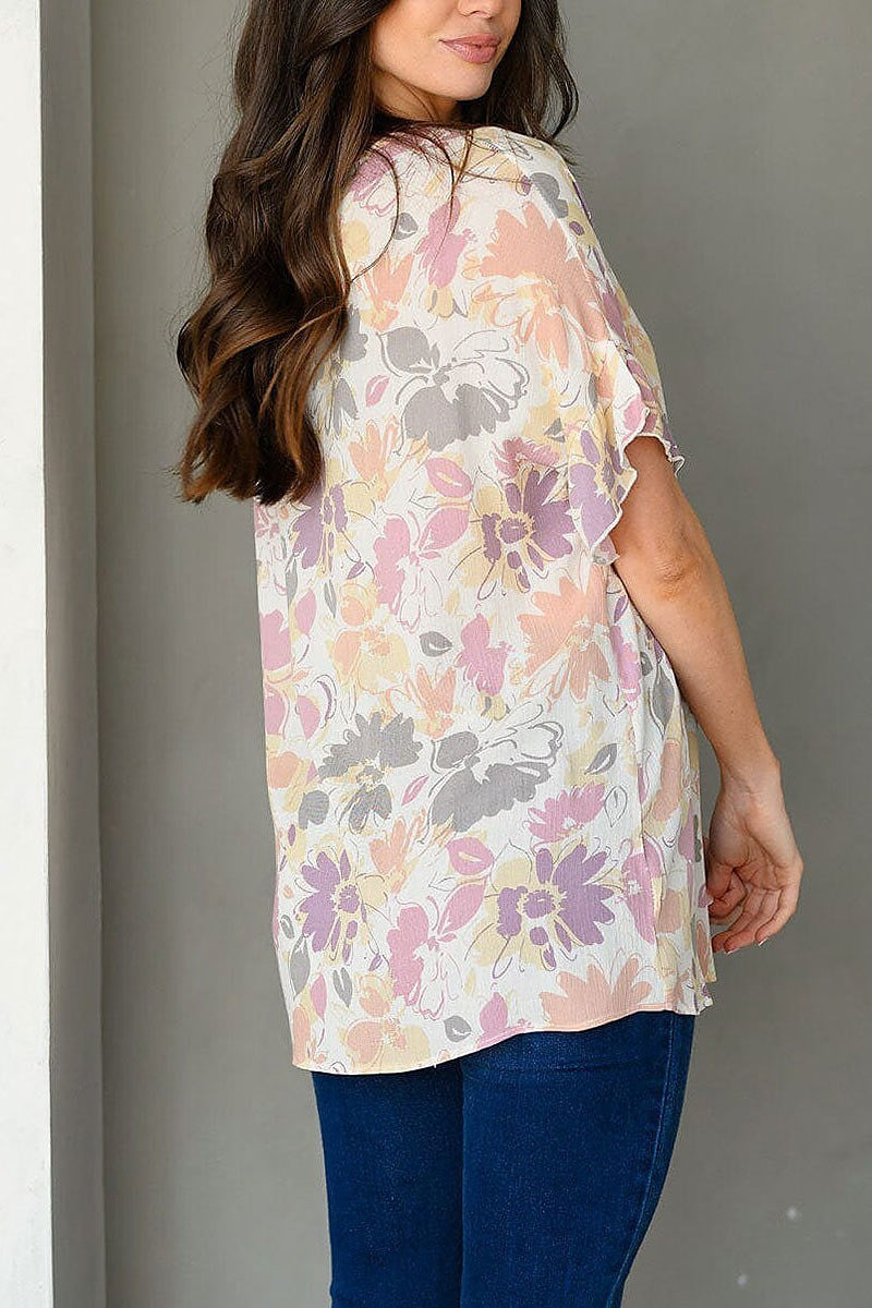 Short ruffle sleeve floral tunic top (EDWT9458)