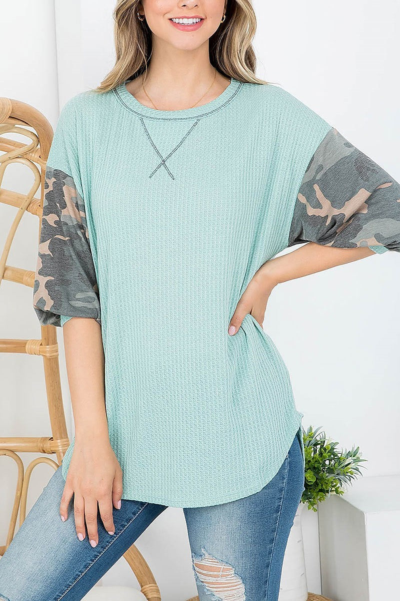 Camouflage round neckline waffle fabric cuffed sleeve top (EF4105)