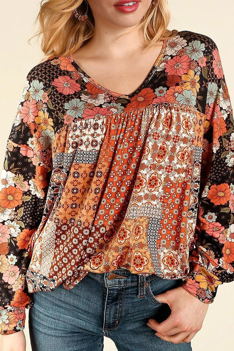 Floral color block peasant long sleeve top (ETBM4026)