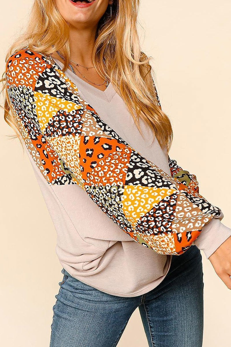 Dolman slouchy patchwork bubble long sleeve top (ETBM4027)