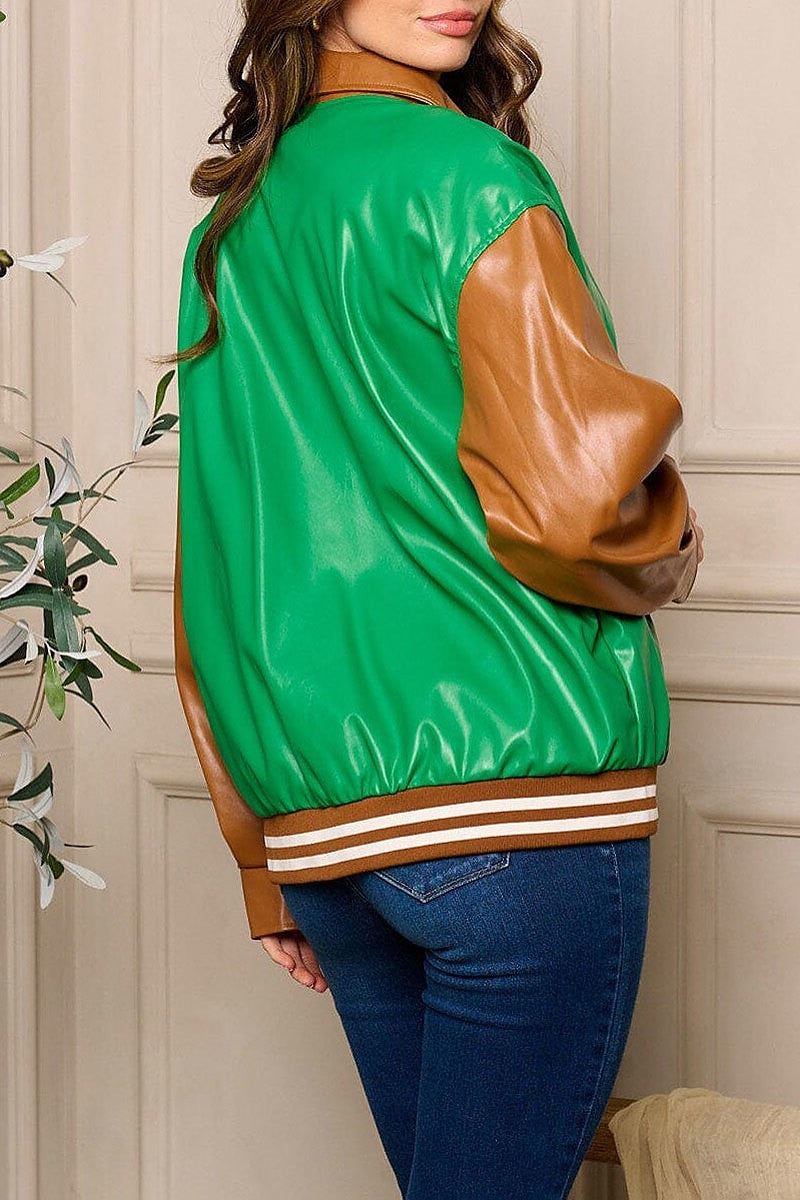 Button closure colorblock pu pleather jacket (EFWT5359)