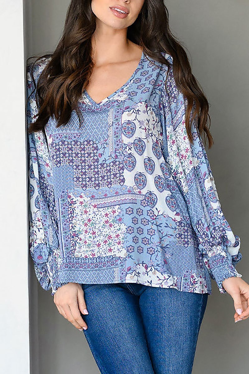 Long sleeve v neck multi print tunic top (EDWT9400)