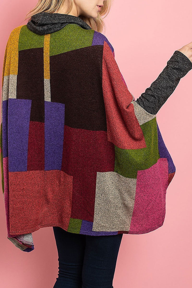 Cowl square print color block poncho sweater top (ED7901)