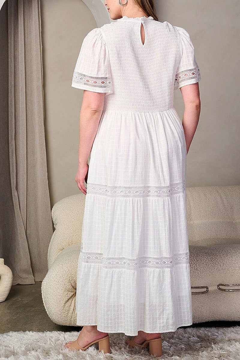 Short sleeve smock tiered trim detailed maxi dress (EFWT8469)