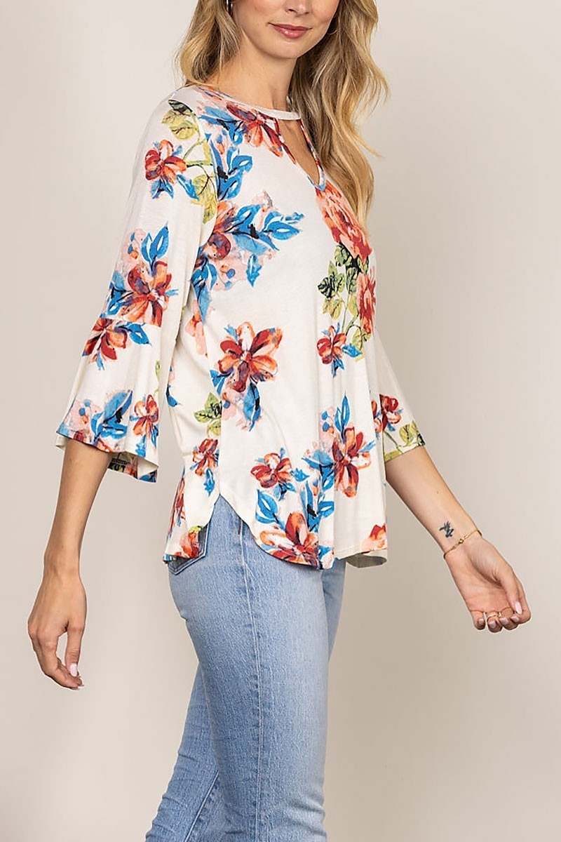 Round keyhole floral print bell 3/4 sleeves top (EDSW4285)