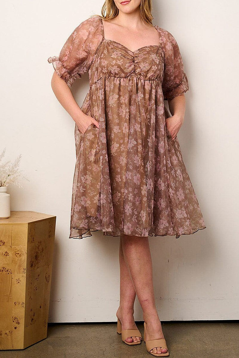 Puff sleeve elastic waist pockets floral dress (EFWT9134)