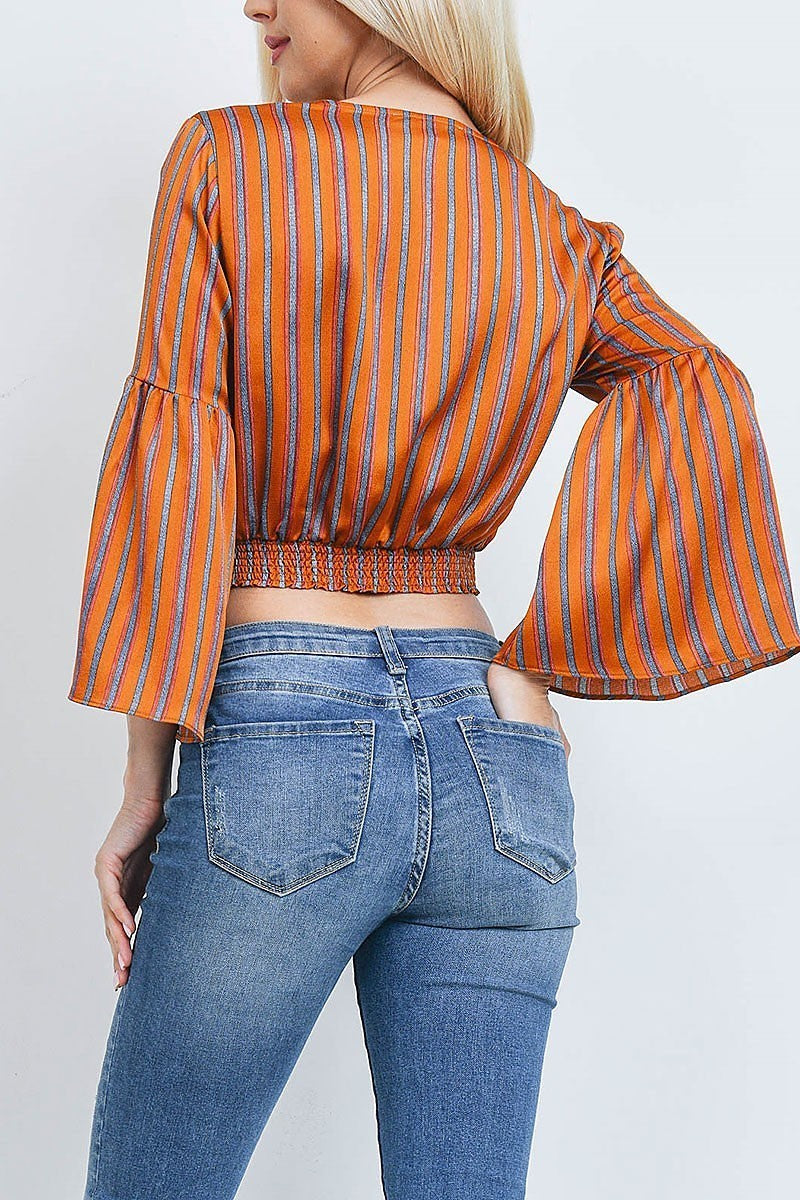 Tie front bell sleeve stripe crop top (EF2103)